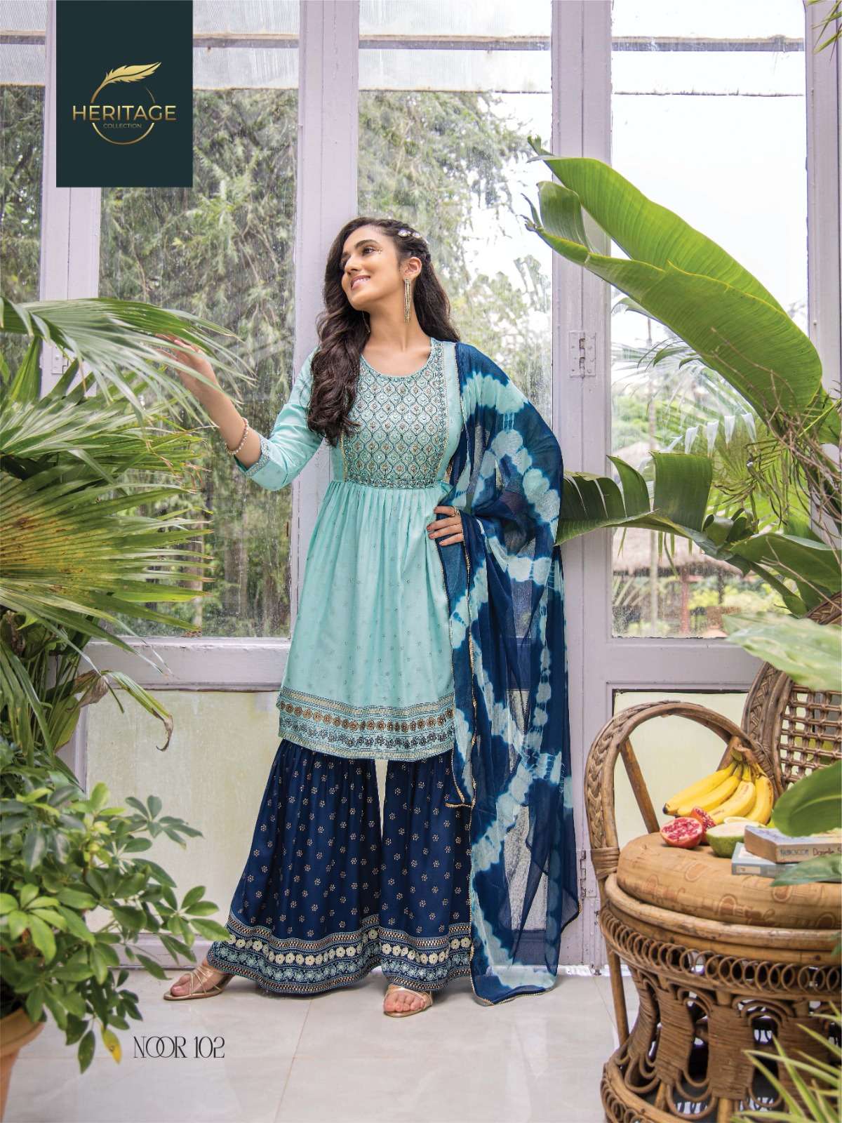 NOOR RAYON SLUB PRINTED SEQUENCE EMBROIDERY WORK SHARARA AND DYED CHIFFON DUPATTA BY HARITAGE BRAND 102